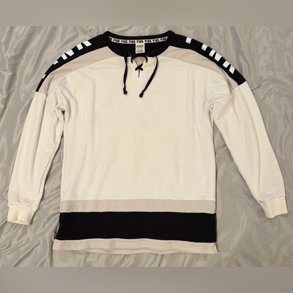 PINK Victoria's Secret Cream and Black Colorblock Pullover Hoodie